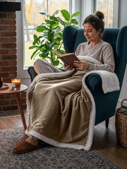 Sherpa throw blanket layered on a sofa with textured sherpa fleece side facing up for extra comfort.