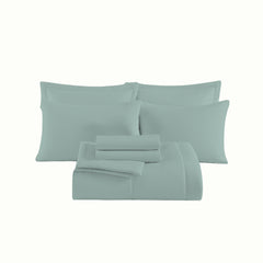 Seven-piece bedding set with cozy comforter and matching pillow shams.
