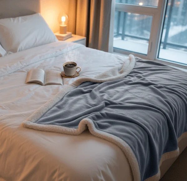 Queen-size Beddora sherpa fleece blanket spread on a bed showing full coverage and plush warmth.