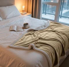 Neutral colour Beddora Sherpa Fleece Blanket displayed flat to emphasize reversible dual-texture design.