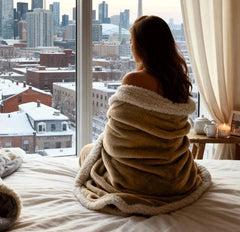 Lifestyle image of sherpa blanket draped across a guest chair for inviting warmth and softness.